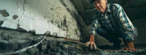 a sturdy foundation repair expert inspecting a cracked and water-damaged basement wall in johnson county.