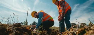 a team of experts carefully assessing soil compaction and brickwork problems in johnson county.